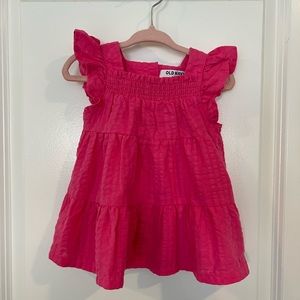 EUC Old Navy Textured Fuchsia Hot Pink Seersucker Ruffle-Trim Swing Dress, 3-6mo